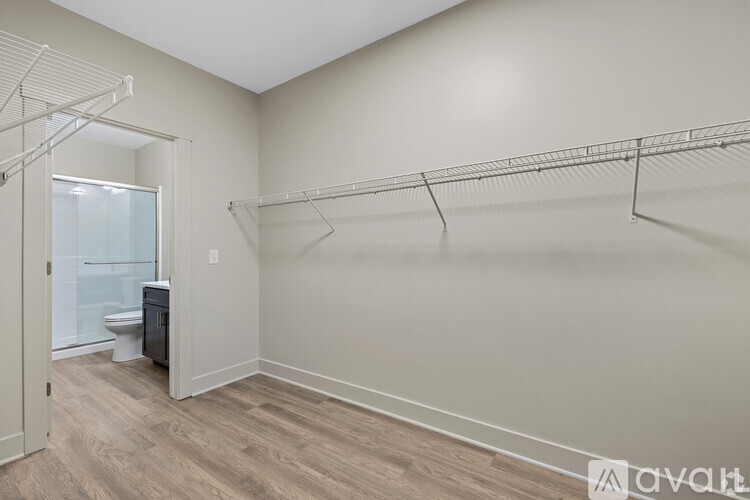 A room with a walk-in closet and a toilet in the background.
