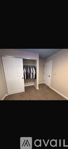 A white door is open to a hallway with a coat closet.