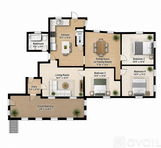 A floor plan of a house with a front balcony and four bedrooms.