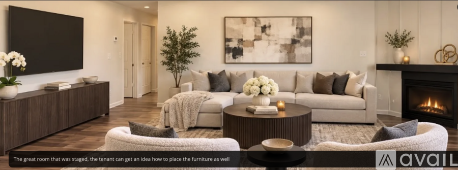 A living room with a fireplace and a large painting on the wall.