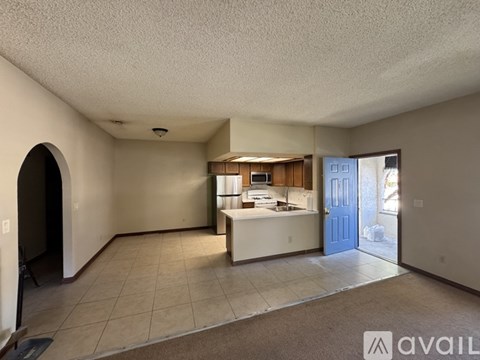 A living room with a kitchen in the background and a door to the outside.