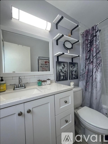 A bathroom with a sink, toilet, and a mirror.
