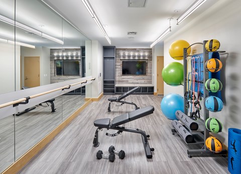 A gym with a mirrored wall and a variety of exercise equipment.