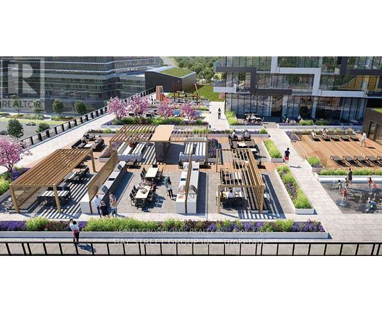 A rendering of a modern outdoor seating area with people dining and walking around.