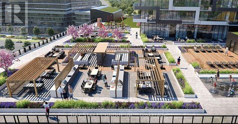 A rendering of a modern outdoor seating area with people dining and walking around.