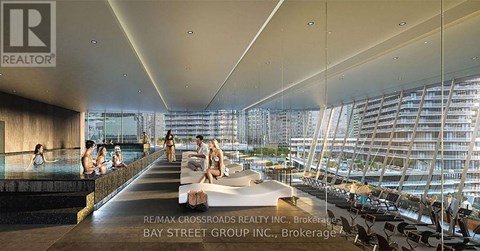 A rendering of a modern indoor space with people sitting by a pool and a long table.