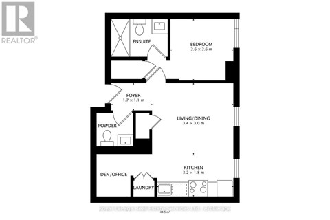 A floor plan of a house with a den/office, powder room, laundry, kitchen, living/dining area, and bedroom.
