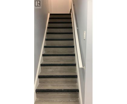 A staircase with wooden steps and white handrails.