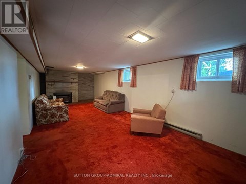 A living room with a red carpet and a fireplace.