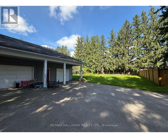 A sunny day at a residential property with a garage and a tree in the background.