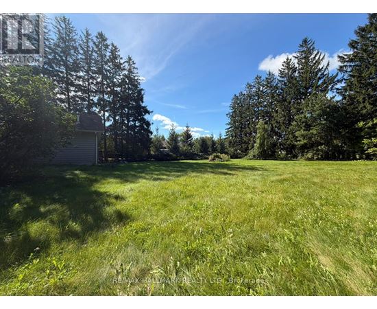 A grassy field with trees and a house in the background.