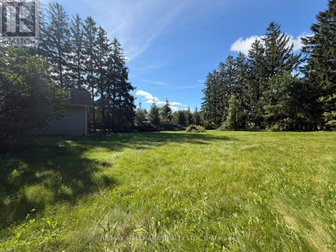 A grassy field with trees and a house in the background.