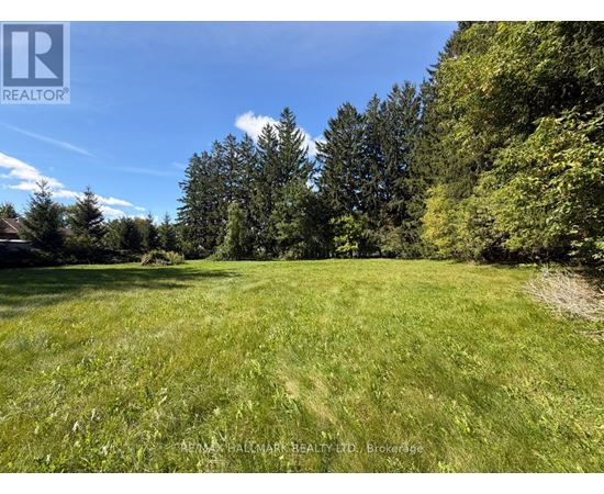 A grassy field with trees in the background and a realtor logo in the corner.