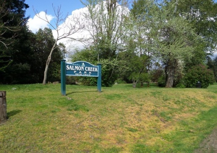 A green sign that says Salmon Creek stands in a grassy field.
