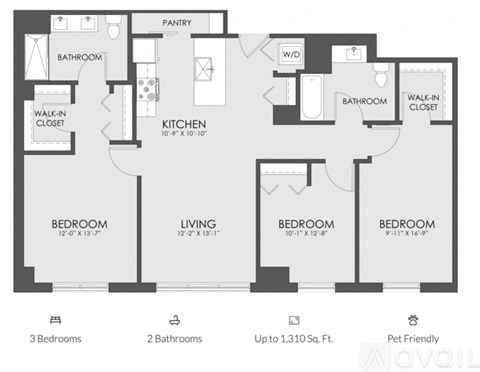 A floor plan of a home with three bedrooms, two bathrooms, and a kitchen.