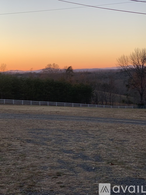 A field with a fence and trees in the distance during sunset.