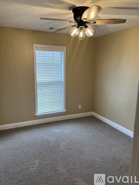 A room with a carpeted floor, a ceiling fan, and a window with blinds.