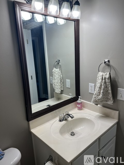 A bathroom with a sink, mirror, and toilet.