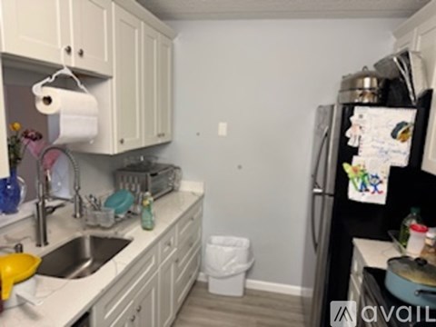 A kitchen with a sink, a fridge, and a toilet paper roll hanging from the cabinet.