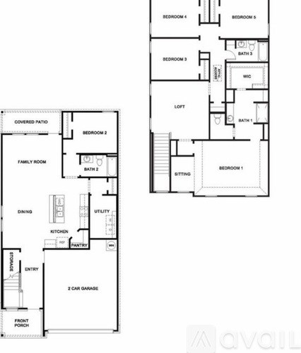 A floor plan of a house with a front porch, two garages, a family room, a dining area, a kitchen, a pantry, and five bedrooms.