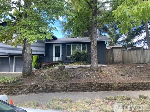 A house with a grey roof and a black door is surrounded by trees.