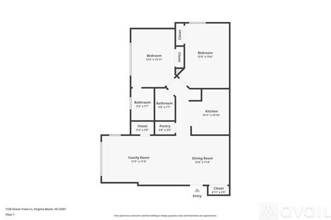A floor plan of a two bedroom, one bathroom apartment.