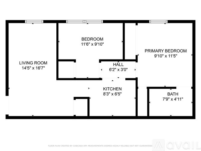 A floor plan for a home with a living room, kitchen, bath, and two bedrooms.