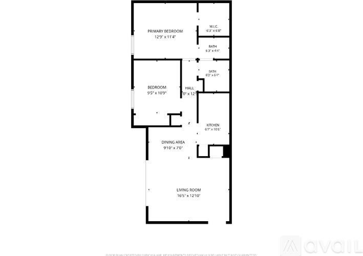 A floor plan of a house with a living room, dining area, kitchen, and two bedrooms.