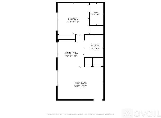 A floor plan of a small apartment with a bedroom, living room, dining area, and kitchen.
