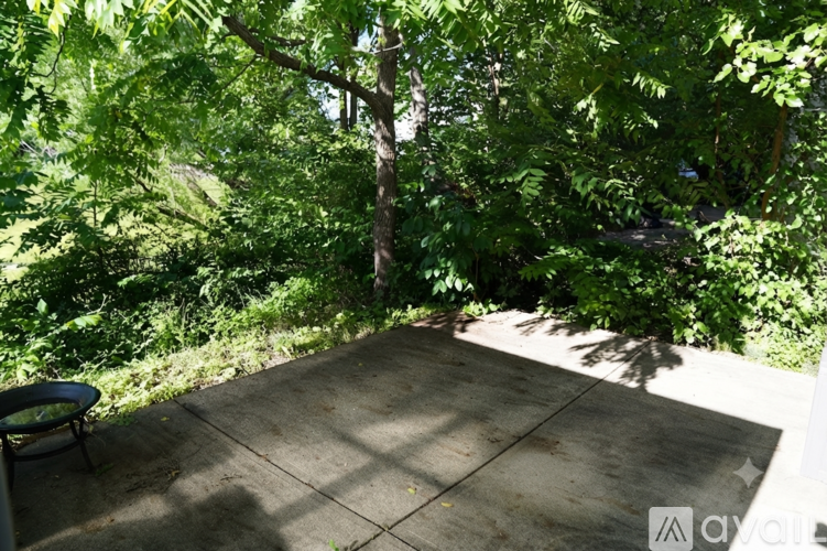A patio surrounded by green trees.