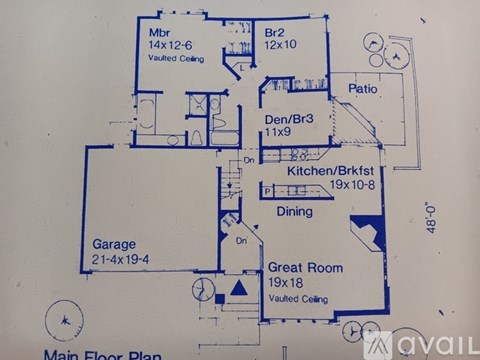 A blueprint of a house with labeled rooms such as a kitchen, dining room, and garage.