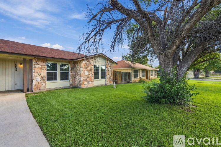 A house with a stone wall and a tree in front.