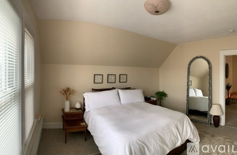 A bedroom with a large bed, a mirror, and a nightstand with a plant on it.