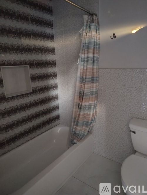 A bathroom with a toilet, a shower curtain, and a light switch.