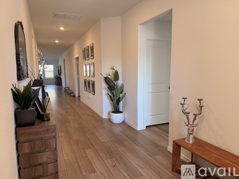 A long hallway with a bench and a plant on the right side.