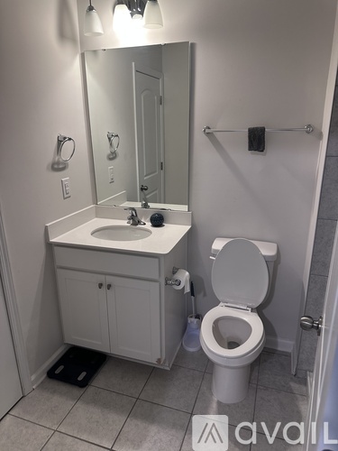 A white toilet in a bathroom with a sink and mirror.