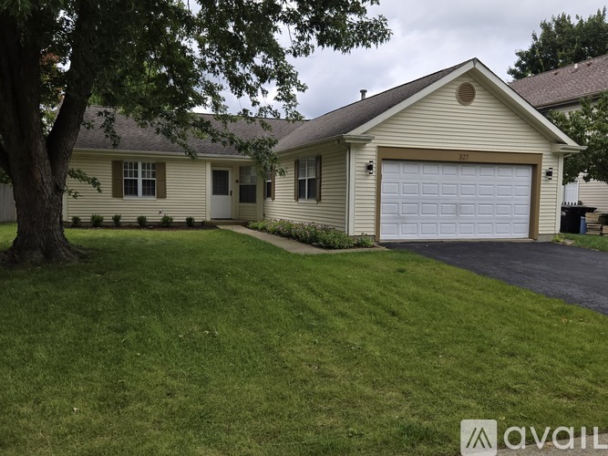A house with a garage and a tree in front.