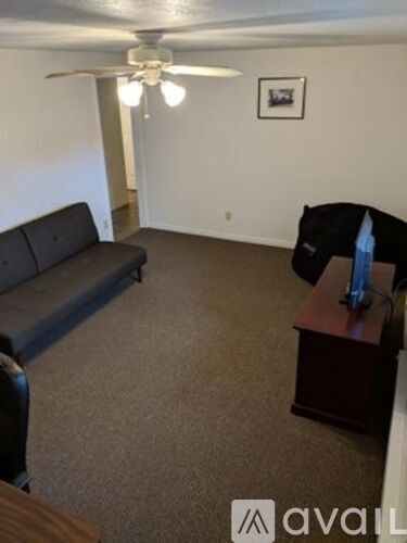 A living room with a couch, chair, and a ceiling fan.