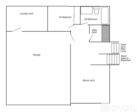 A floor plan of a house with a laundry room, 4th bedroom, 3rd bathroom, utility room, stairs, garage, and bonus room.