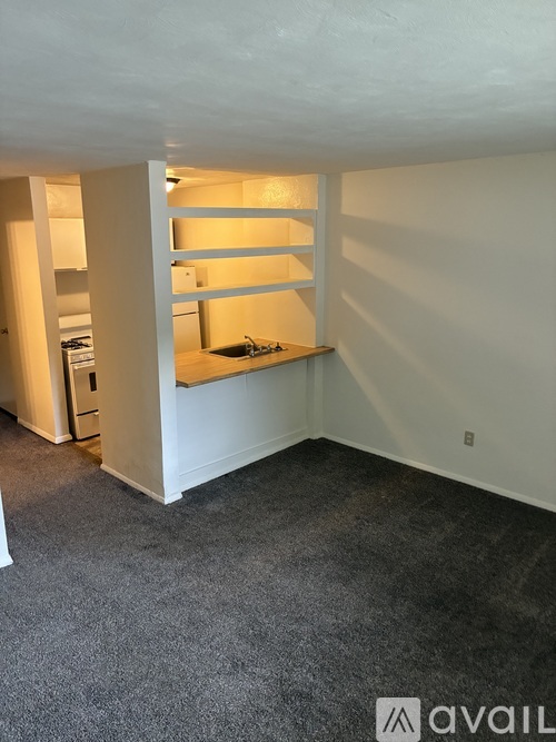 A room with a carpeted floor and a wall with a built in shelf.