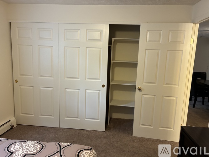 A room with a carpeted floor and a wall of white doors.