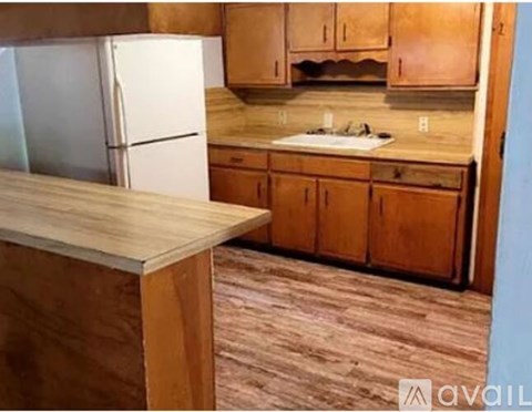 A kitchen with wooden cabinets and a white fridge.