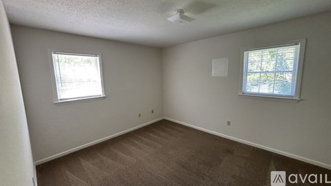 A room with a carpeted floor, a ceiling fan, and two windows.