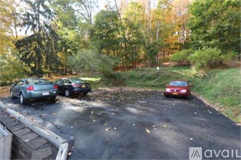 Three cars are parked in a lot with trees in the background.