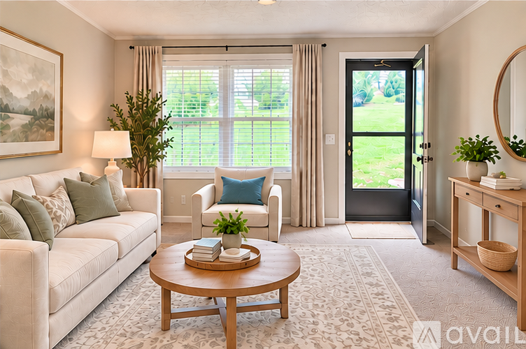 A living room with a white couch, a coffee table, and a large window with a view of the lawn outside.