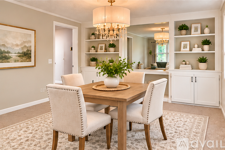 A dining room with a wooden table and chairs.