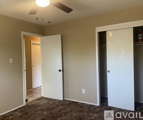 A room with two doors and a carpeted floor.