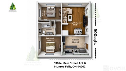 A floor plan for a 900 square foot apartment in Munroe Falls, OH.