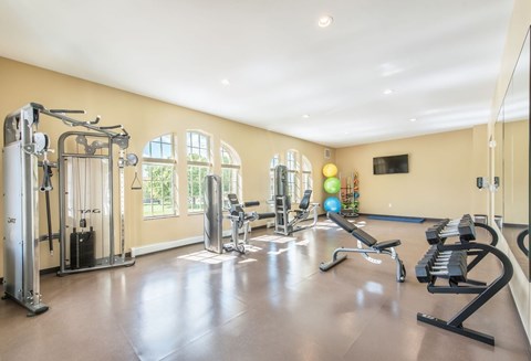 A spacious home gym with a variety of exercise equipment.