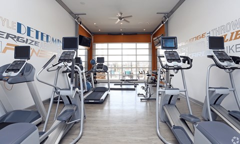 A gym with treadmills and exercise bikes.